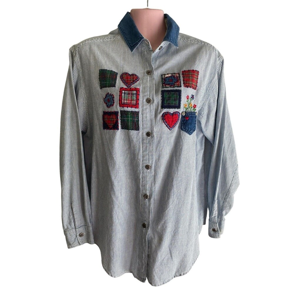 Casey & Max Shirt Womens Medium Blue Striped Embroidered Patchwork Button Up